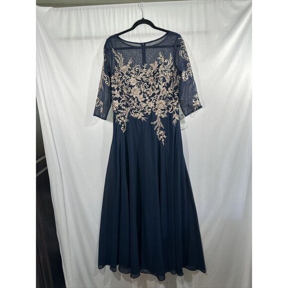 NEW $299 Betsy & Adam [ 12 ] Brooklyn‎ Metallic Embroidered Gown Navy Blue Rose - Picture 8 of 14